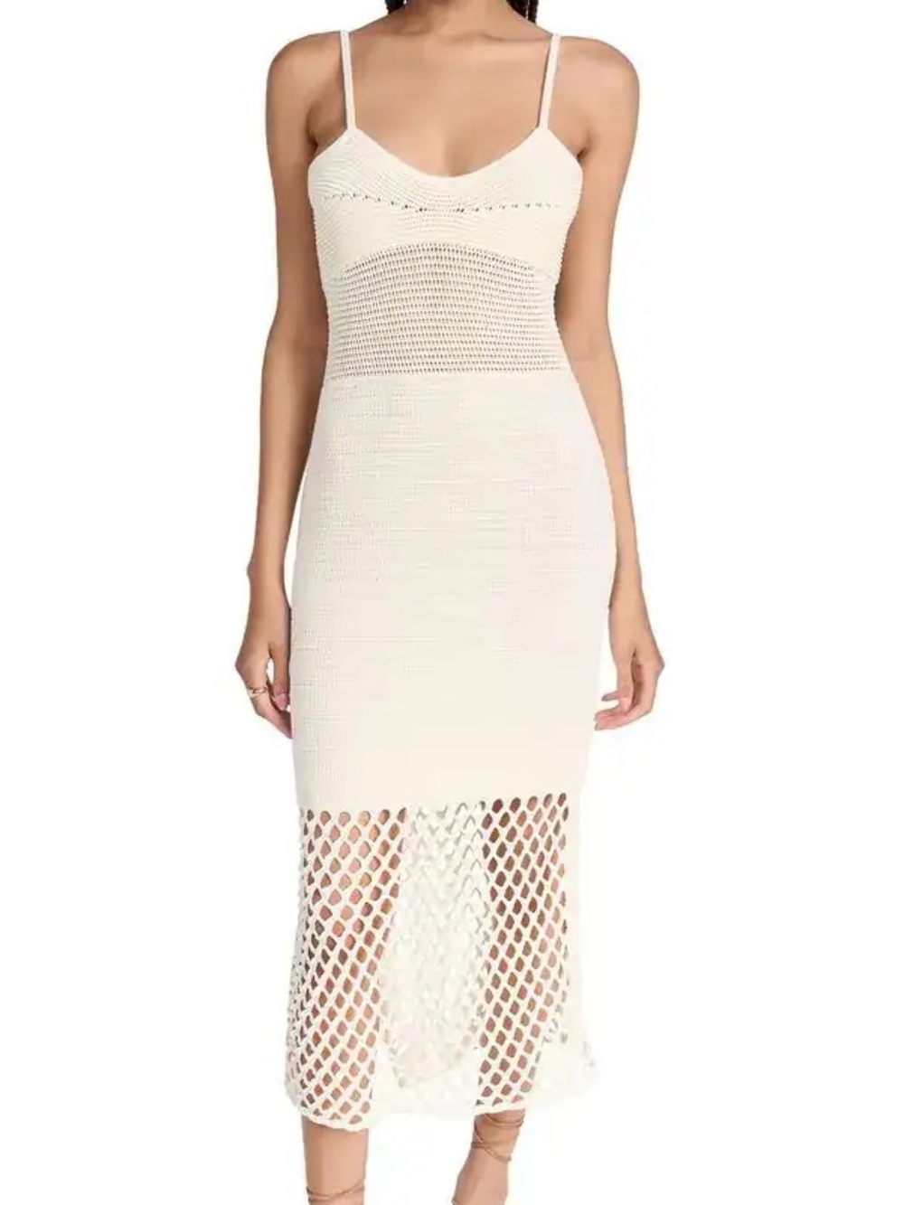 Cream Crochet-Hem Spaghetti Strap Maxi Dress